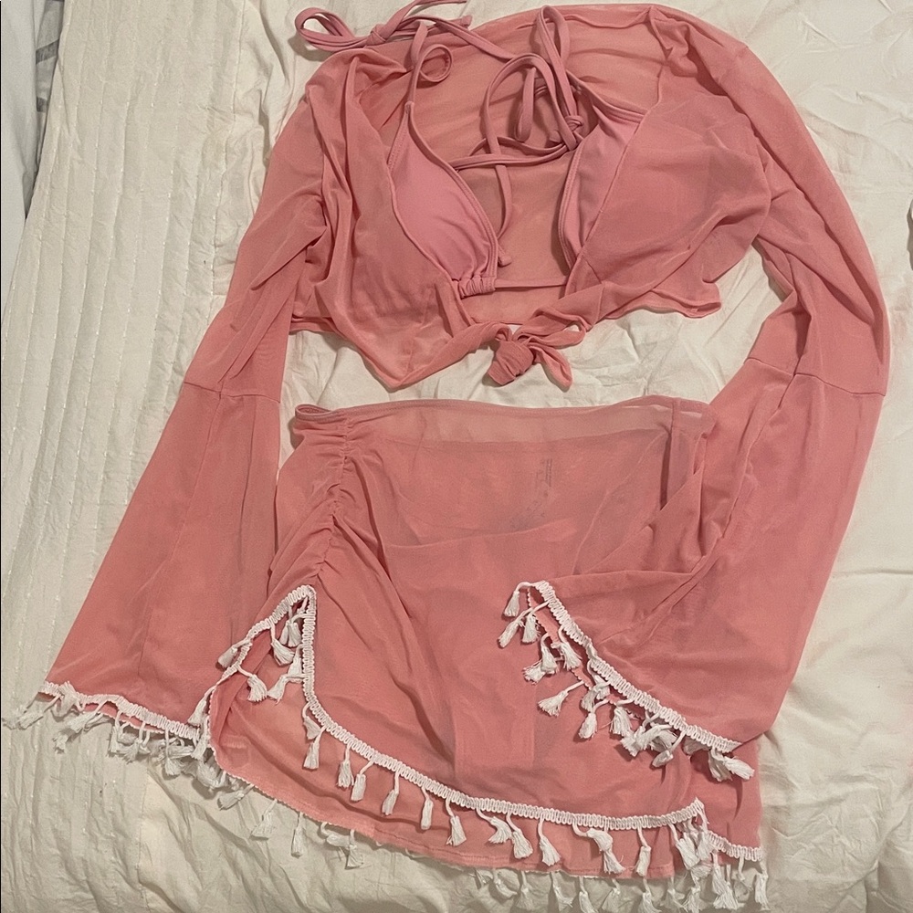 SHEIN Pink Tassel-Trim Mesh Swim Coverup Set